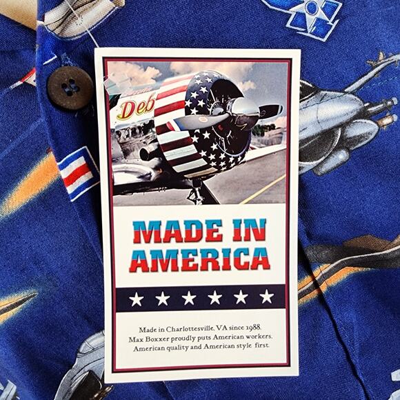 Max Boxxer USA Mens Med Short Sleeve Blue Camp Shirt Air Force Airplanes NWT - Picture 2 of 6